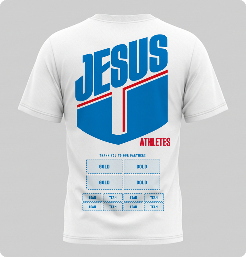 Back of the white shirt: the Jesus U mark at the top, four Gold and eight Team logo spots at the bottom, and a Title spot on each sleeve