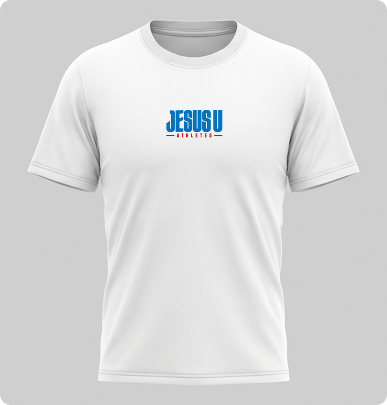 Front of the white shirt with the Jesus U wordmark on the chest and a Title spot on each sleeve