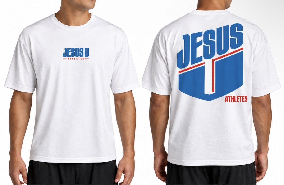The Jesus U Athletes shirt: the Jesus U wordmark on the front, the shield on the back