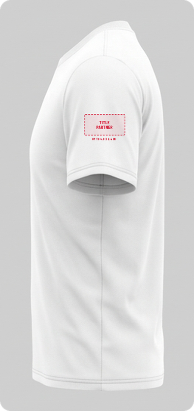 Side view of the shirt with the Title Partner logo spot on the sleeve, up to 3.5 by 1.75 inches